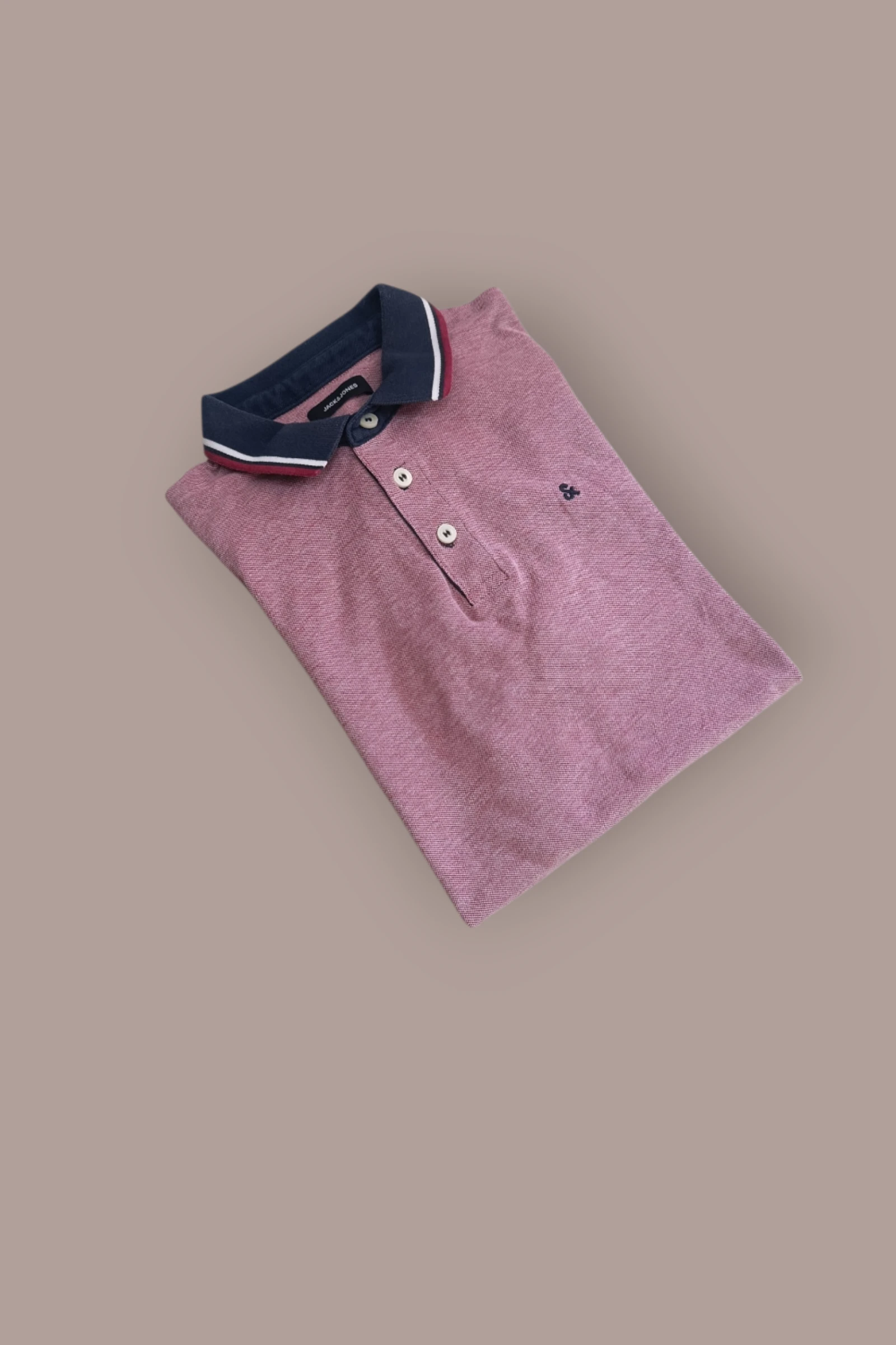 | Polo Jack & Jones Homem | Cor Rosa Jaspeado | Gola Contraste Azul Marinho | Manga Curta Casual | Tamanho M | – photo 2